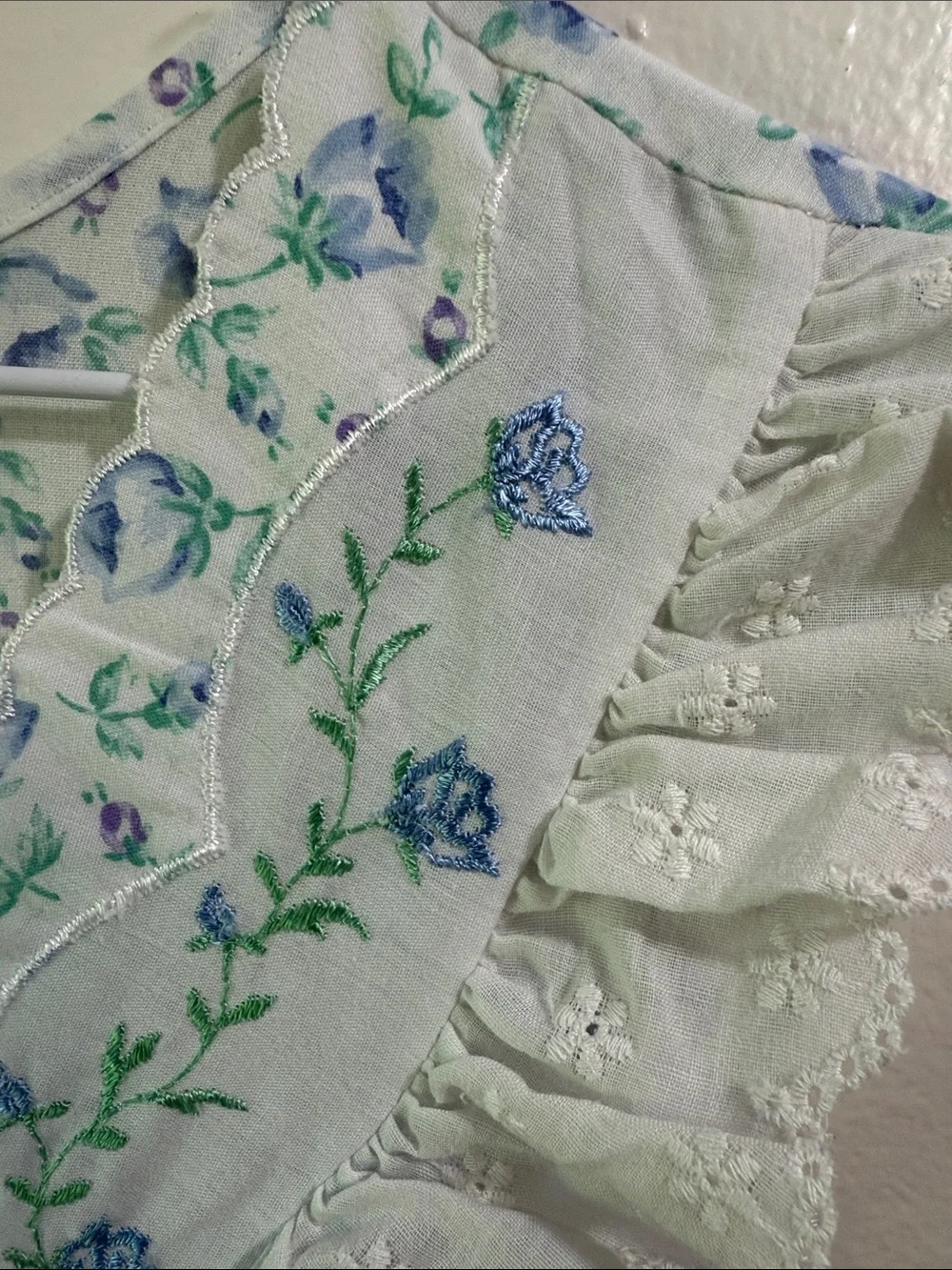Vintage Cottagecore Floral Maxi Nightgown Dress Lace‎ Embroidered Blue Farmhouse